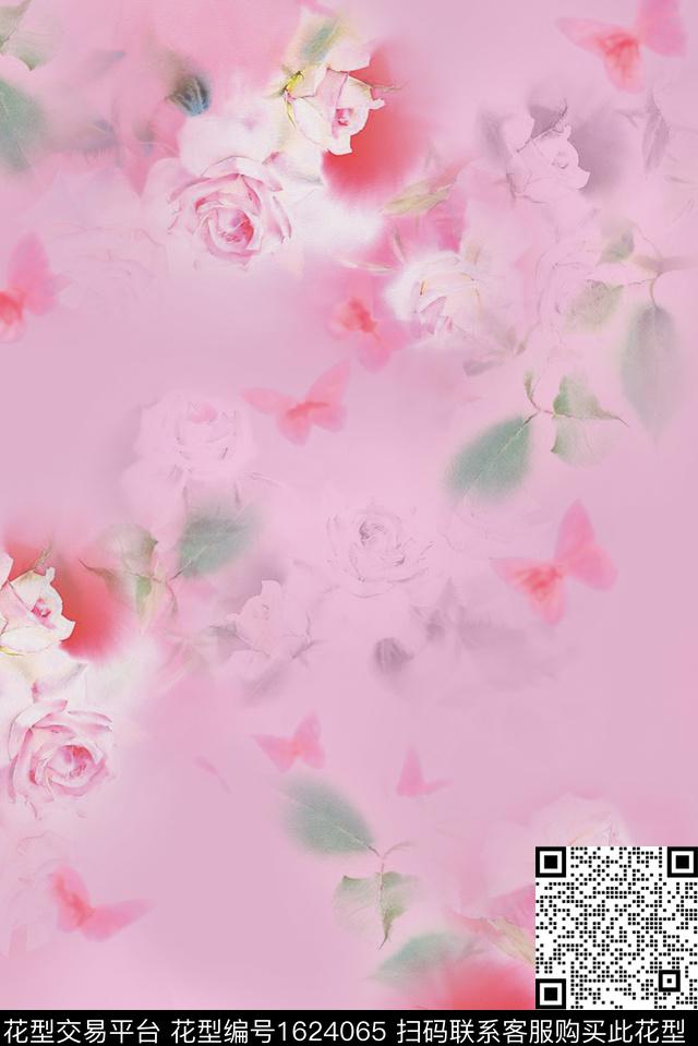 蝴蝶模糊花卉花卉数码印花花型下载（图片编号: 1624065） - 瓦栏（Walan）