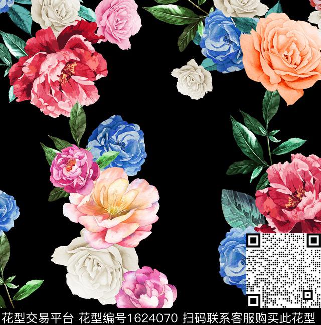 花卉黑底花卉水彩花卉数码印花花型下载（图片编号: 1624070） - 瓦栏（Walan）