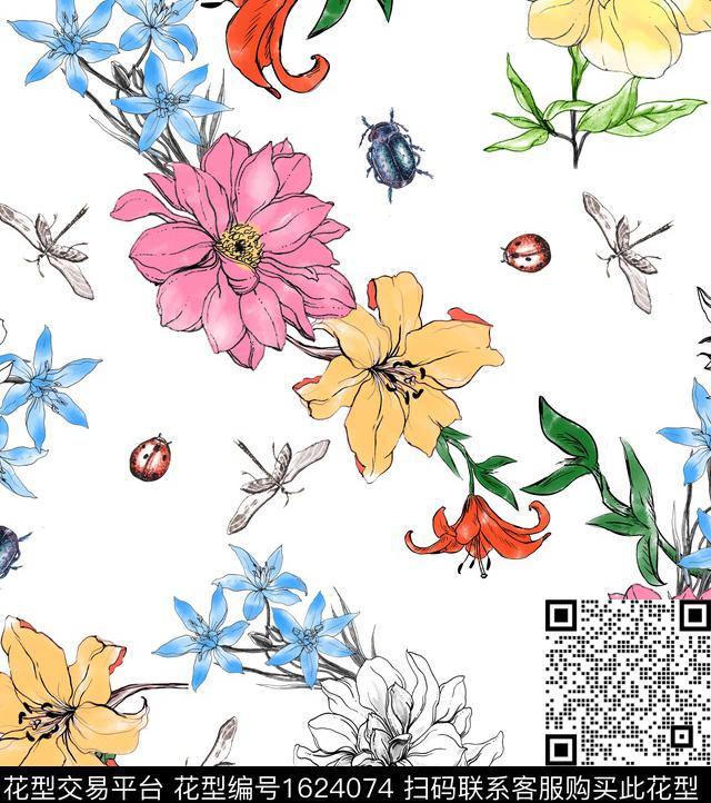 瓢虫昆虫手绘数码印花花型下载（图片编号: 1624074） - 瓦栏（Walan）