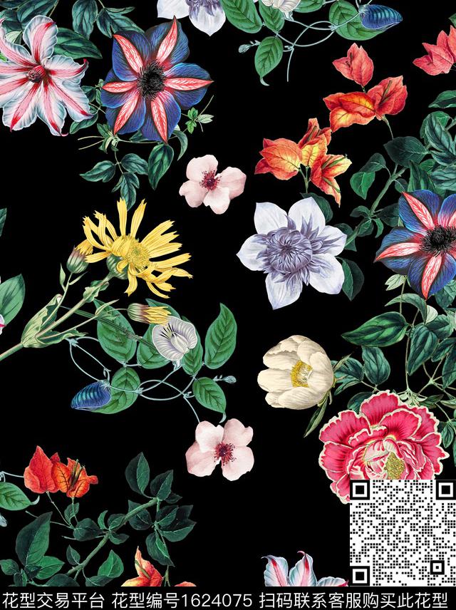 花卉黑底花卉植物数码印花花型下载（图片编号: 1624075） - 瓦栏（Walan）