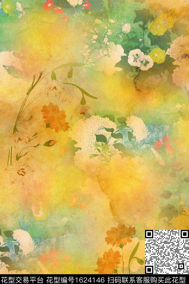 中国风花卉水彩数码印花花型下载（图片编号: 1624146） - 瓦栏（Walan）
