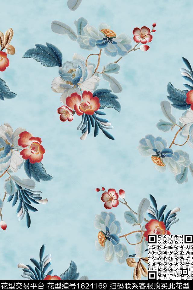 刺绣花卉跳接数码印花花型下载（图片编号: 1624169） - 瓦栏（Walan）