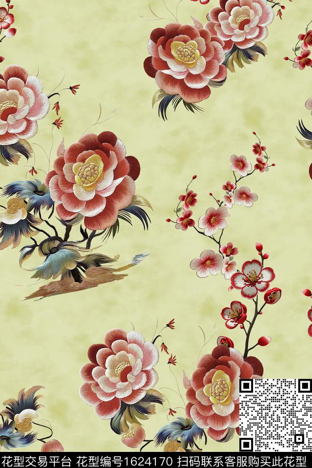 刺绣花卉跳接数码印花花型下载（图片编号: 1624170） - 瓦栏（Walan）