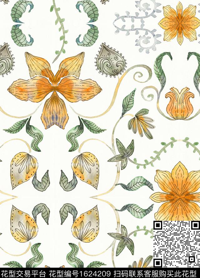 花卉水彩花卉民族风数码印花花型下载（图片编号: 1624209） - 瓦栏（Walan）