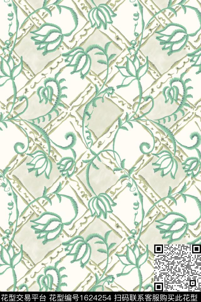 花卉格子线条花卉数码印花花型下载（图片编号: 1624254） - 瓦栏（Walan）
