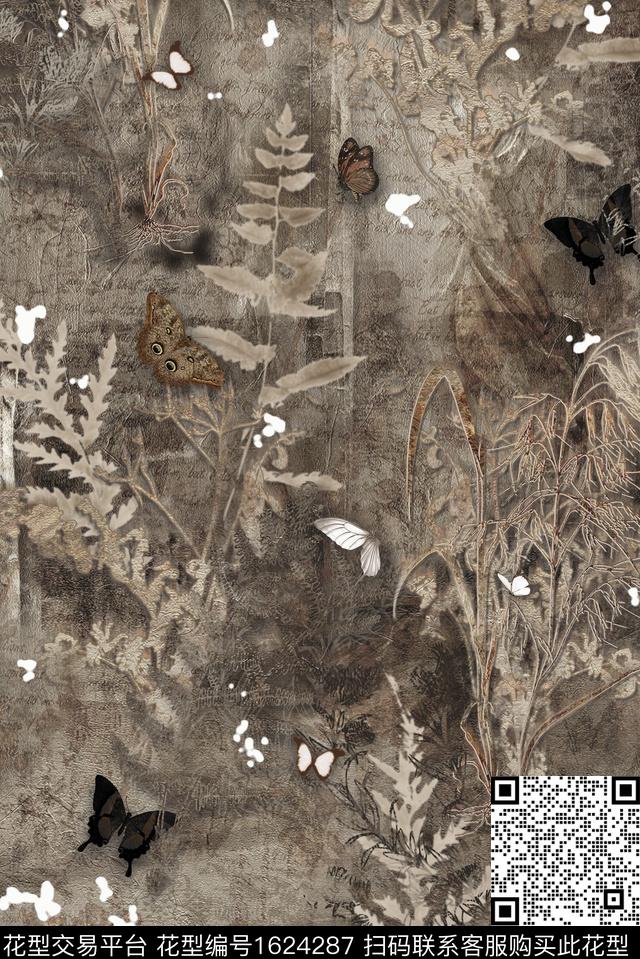 中国风蝴蝶植物印染数码印花花型下载（图片编号: 1624287） - 瓦栏（Walan）