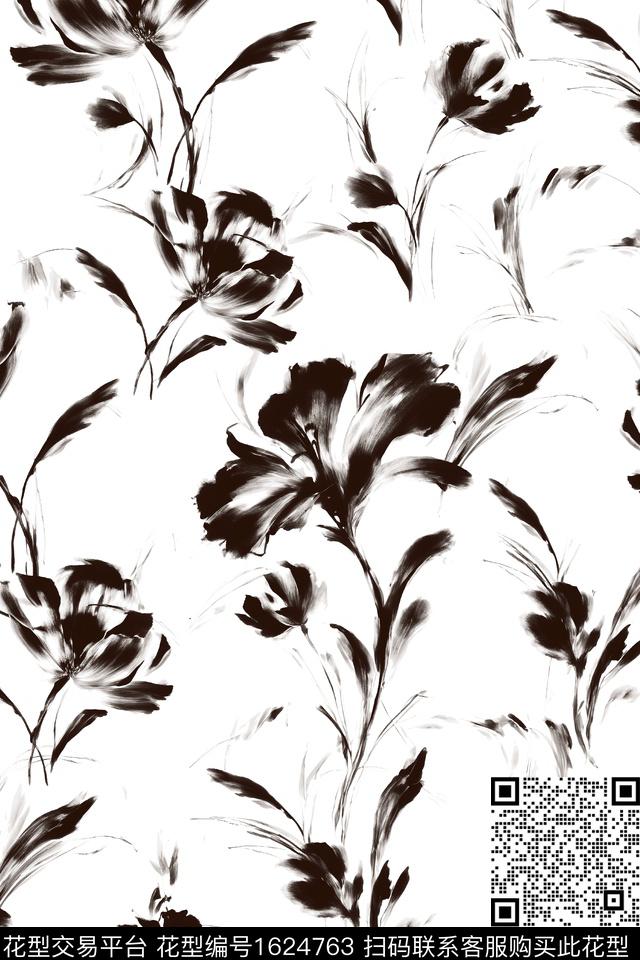 水墨风花纹黑白花型数码印花花型下载（图片编号: 1624763） - 瓦栏（Walan）
