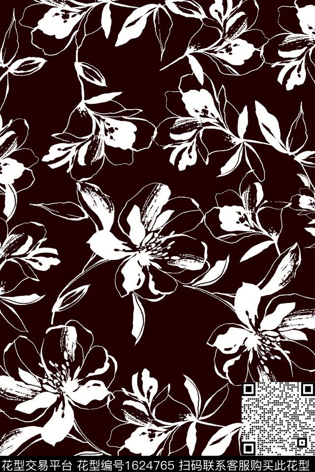 花卉黑白花型线条花卉数码印花花型下载（图片编号: 1624765） - 瓦栏（Walan）