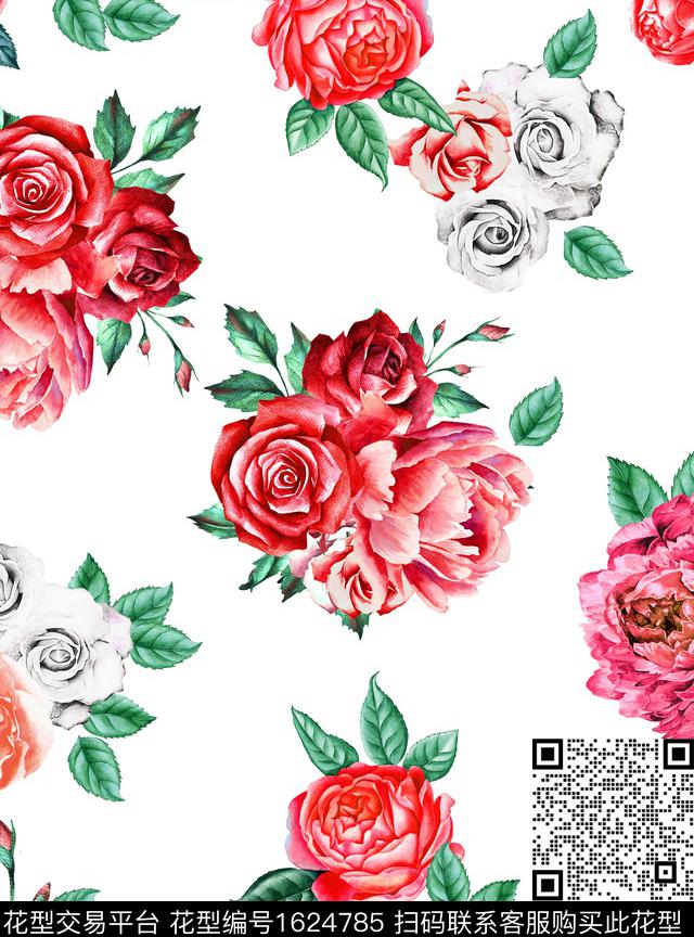 水彩花卉花卉玫瑰花数码印花花型下载（图片编号: 1624785） - 瓦栏（Walan）