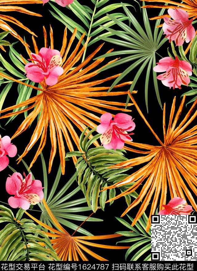 棕榈叶花卉水彩数码印花花型下载（图片编号: 1624787） - 瓦栏（Walan）