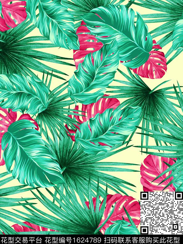 热带花型绿植树叶龟背竹数码印花花型下载（图片编号: 1624789） - 瓦栏（Walan）