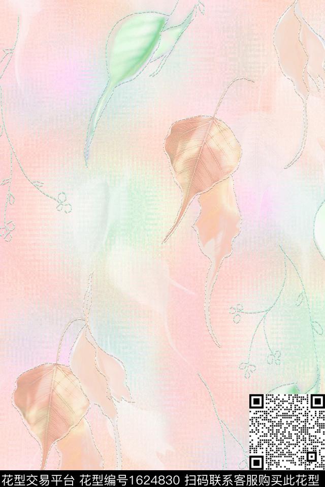 中国风渐变绿植树叶数码印花花型下载（图片编号: 1624830） - 瓦栏（Walan）