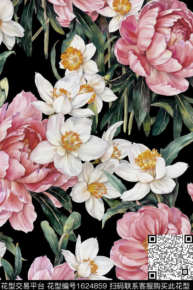 大花黑底花卉水彩花卉数码印花花型下载（图片编号: 1624859） - 瓦栏（Walan）