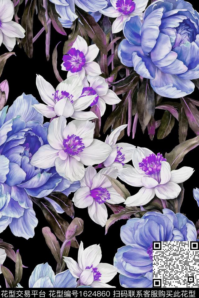 大花黑底花卉手绘大花数码印花花型下载（图片编号: 1624860） - 瓦栏（Walan）