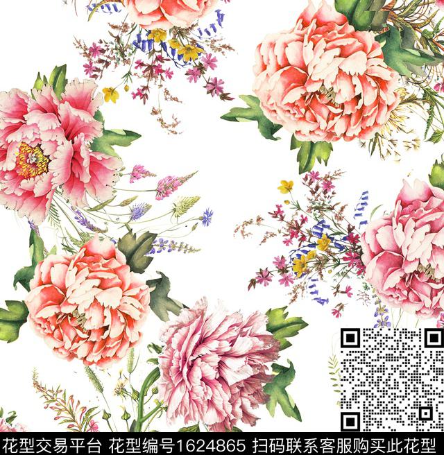 花卉水彩花卉白底花数码印花花型下载（图片编号: 1624865） - 瓦栏（Walan）