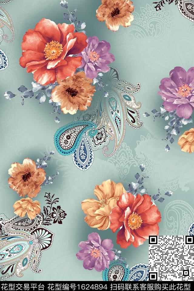 花卉水彩花卉佩斯利数码印花花型下载（图片编号: 1624894） - 瓦栏（Walan）