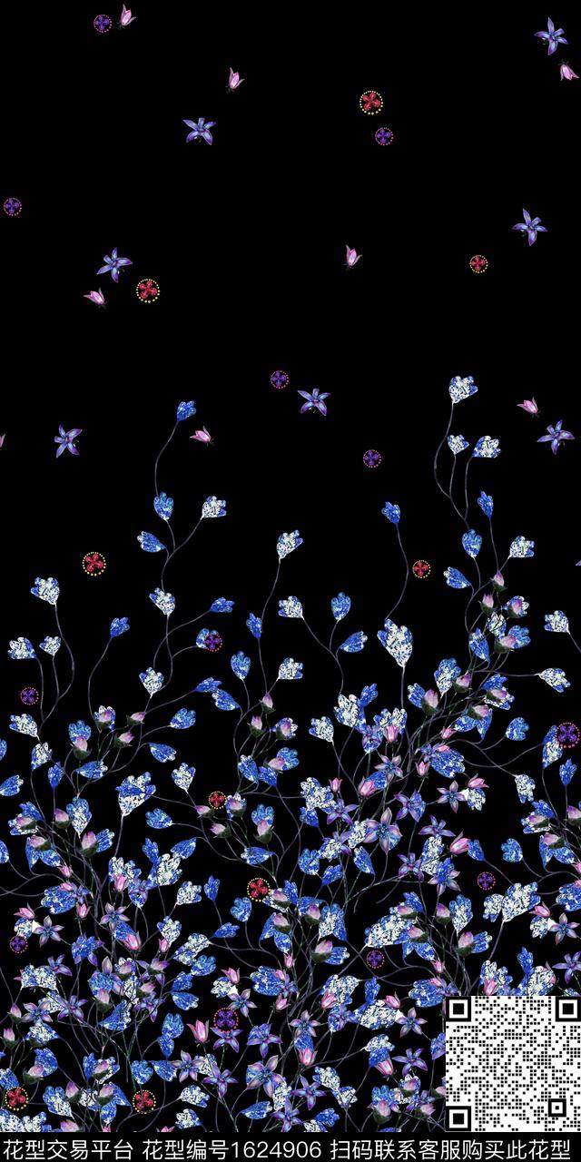 定位花黑底花卉花卉数码印花花型下载（图片编号: 1624906） - 瓦栏（Walan）