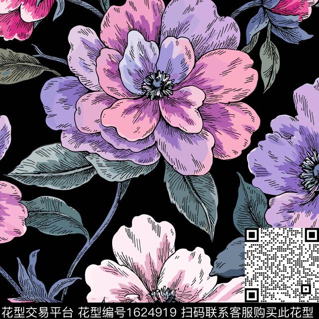 大花黑底花卉花卉传统印花花型下载（图片编号: 1624919） - 瓦栏（Walan）