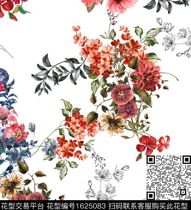 花卉白底花水彩花卉数码印花花型下载（图片编号: 1625083） - 瓦栏（Walan）