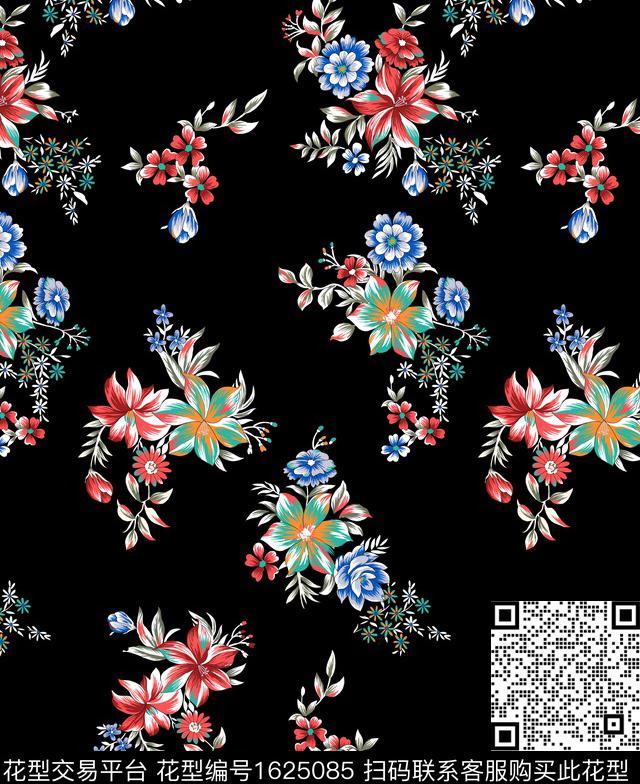 花卉黑底花卉碎花传统印花花型下载（图片编号: 1625085） - 瓦栏（Walan）
