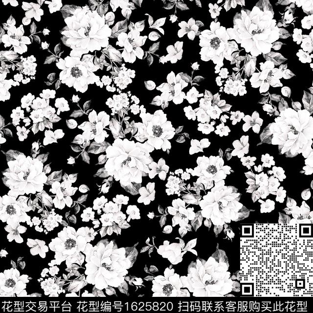 黑底花卉花卉水彩花卉数码印花花型下载（图片编号: 1625820） - 瓦栏（Walan）