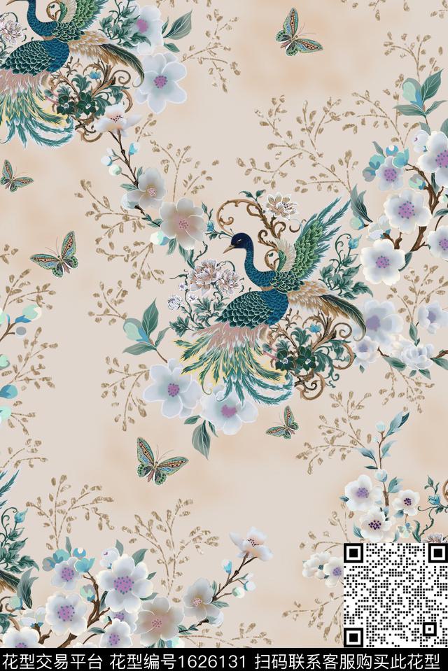 中国风蝴蝶花鸟数码印花花型下载（图片编号: 1626131） - 瓦栏（Walan）