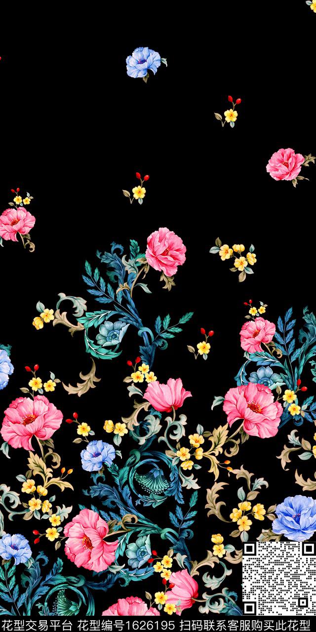 定位花黑底花卉花卉数码印花花型下载（图片编号: 1626195） - 瓦栏（Walan）