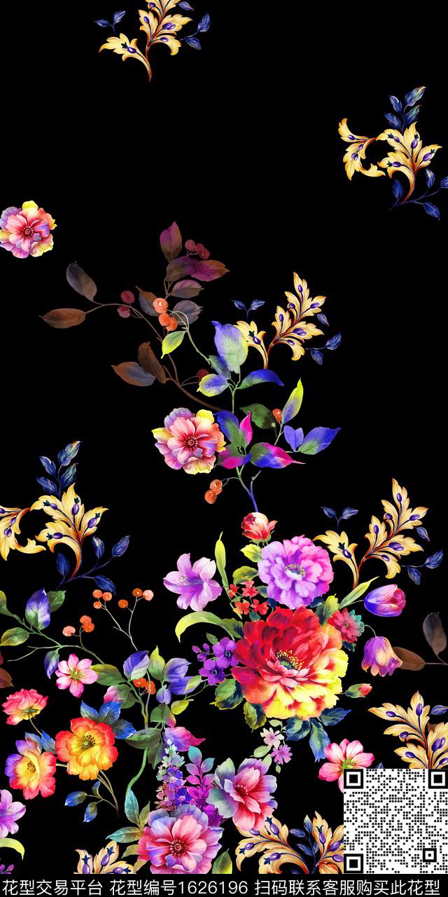定位花黑底花卉花卉数码印花花型下载（图片编号: 1626196） - 瓦栏（Walan）