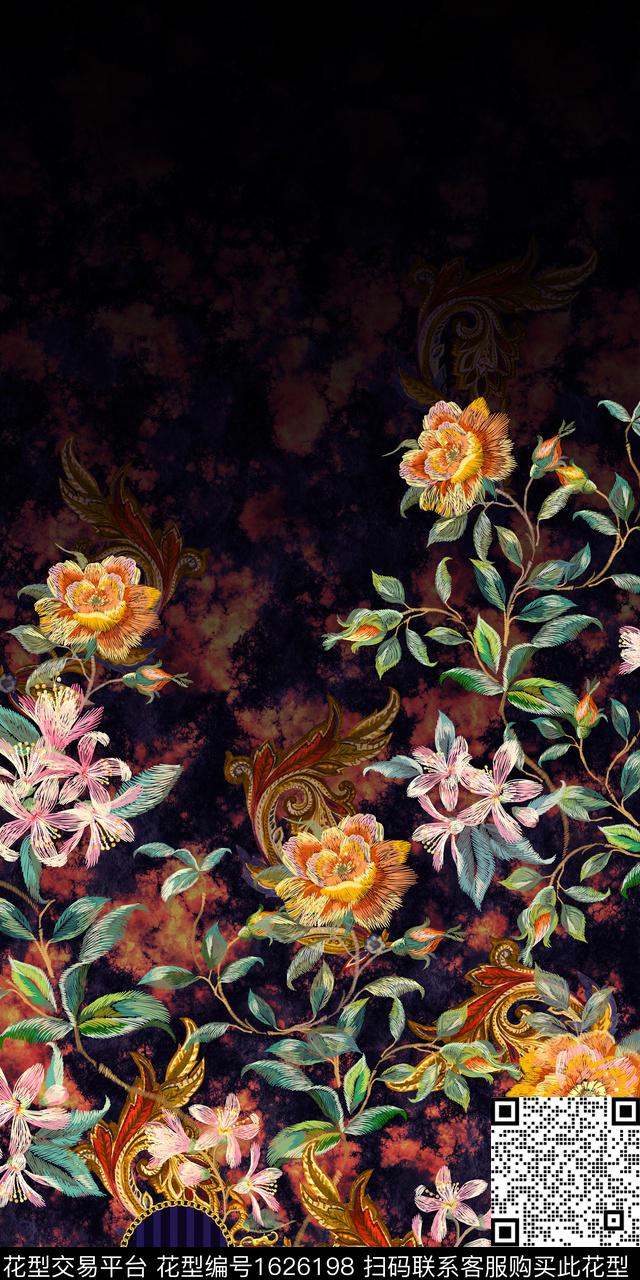 定位花黑底花卉花卉数码印花花型下载（图片编号: 1626198） - 瓦栏（Walan）