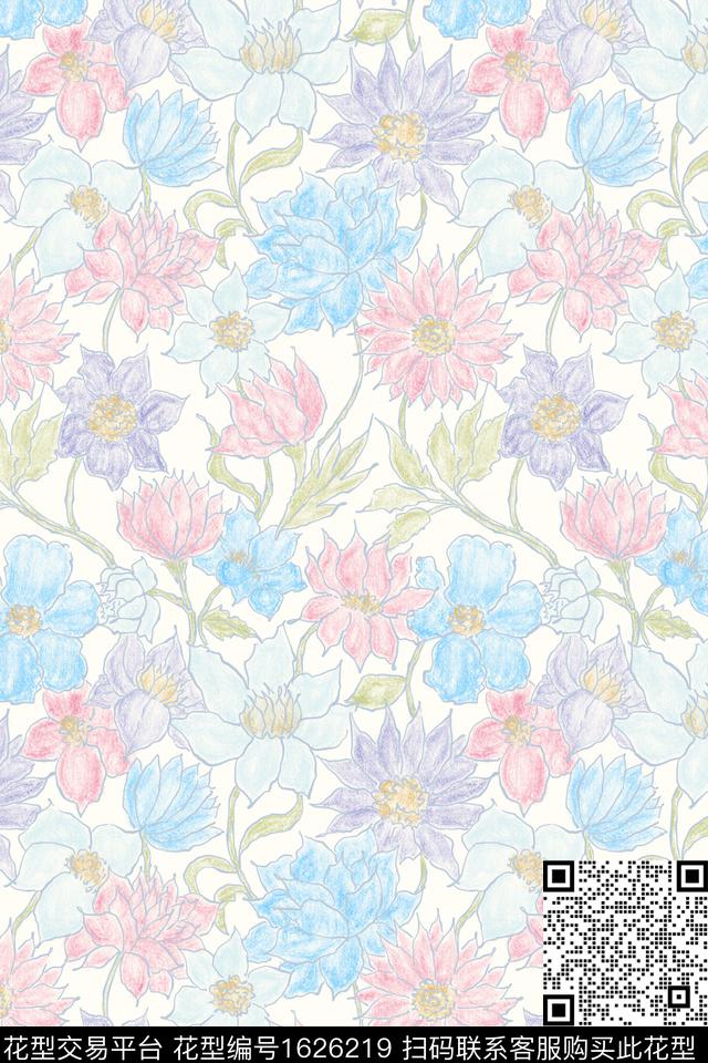小清新花卉满版散花数码印花花型下载（图片编号: 1626219） - 瓦栏（Walan）