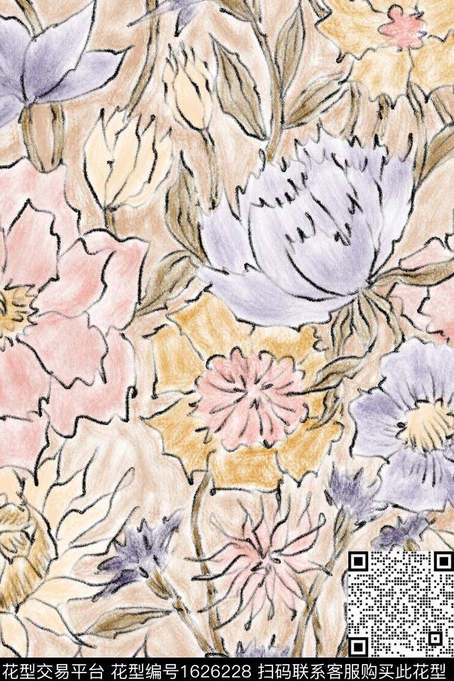 线条花卉手绘大花绿植树叶数码印花花型下载（图片编号: 1626228） - 瓦栏（Walan）