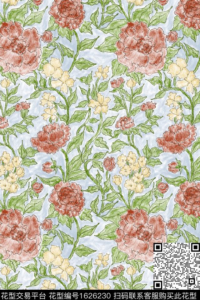 花卉油画花型毛里斯数码印花花型下载（图片编号: 1626230） - 瓦栏（Walan）