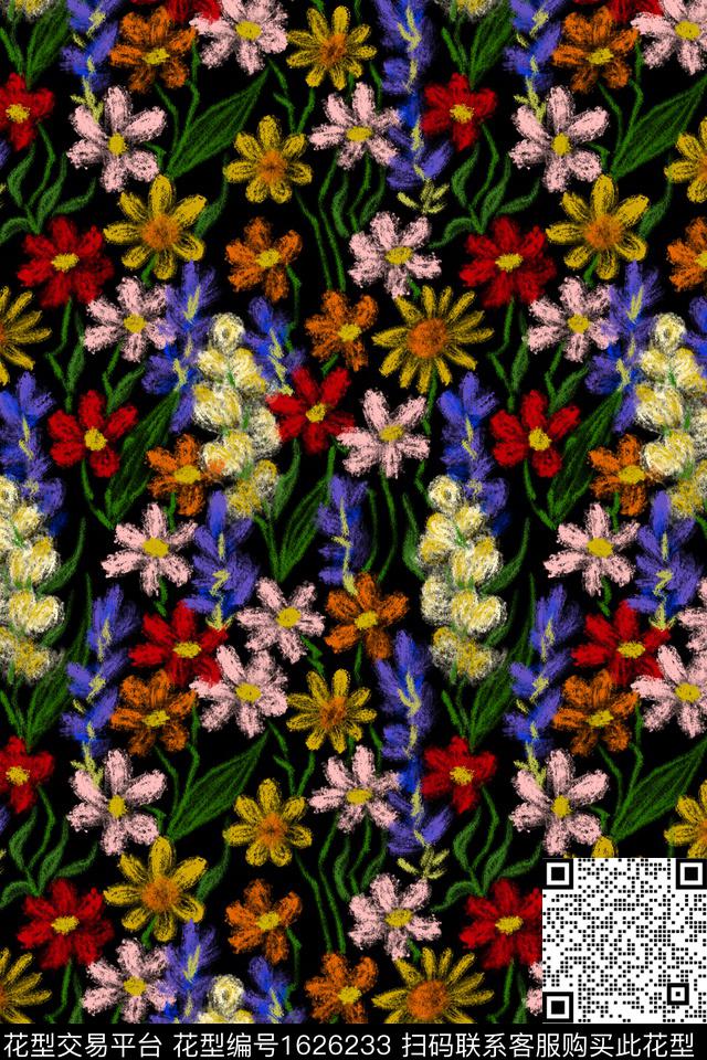 黑底花卉花卉小碎花数码印花花型下载（图片编号: 1626233） - 瓦栏（Walan）