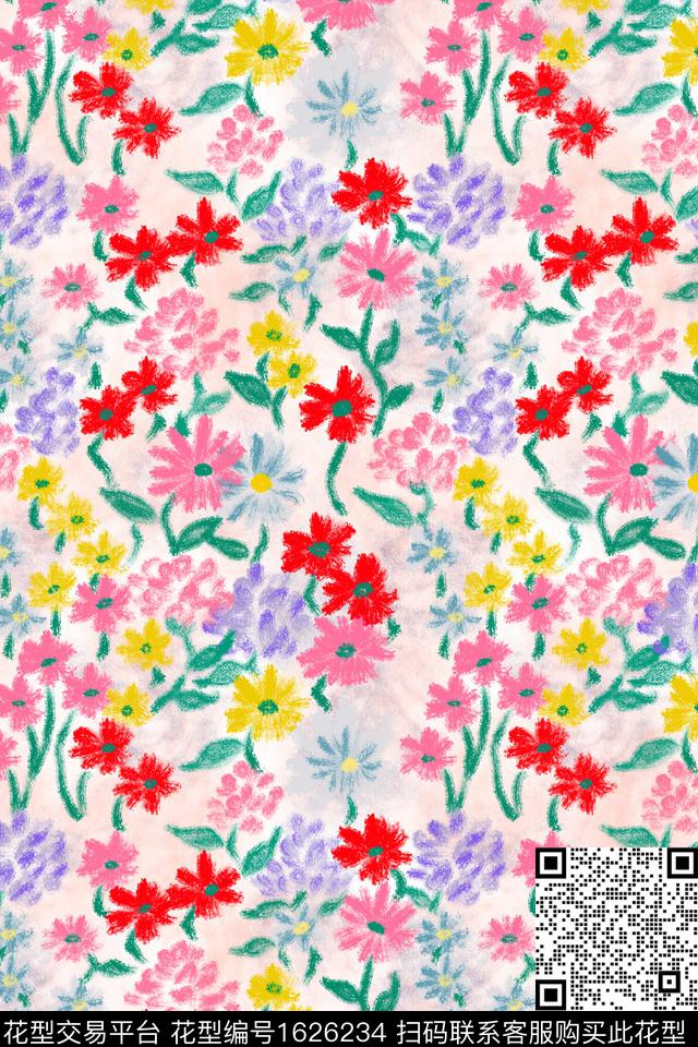 花卉小碎花油画花型数码印花花型下载（图片编号: 1626234） - 瓦栏（Walan）