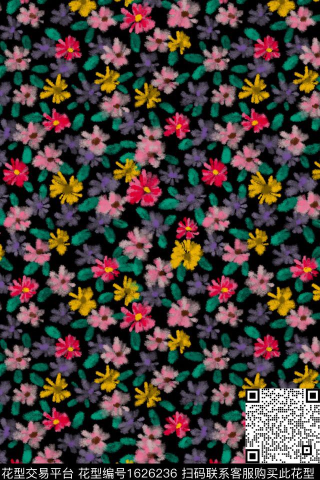 黑底花卉花卉小碎花数码印花花型下载（图片编号: 1626236） - 瓦栏（Walan）
