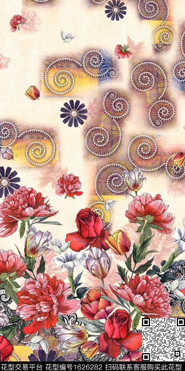 定位花花卉玫瑰花数码印花花型下载（图片编号: 1626282） - 瓦栏（Walan）