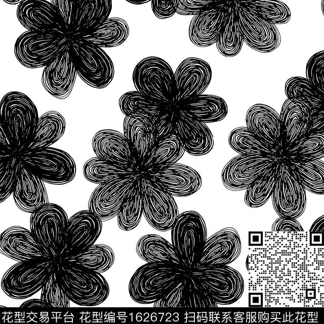 花卉黑白花卉线条花卉数码印花花型下载（图片编号: 1626723） - 瓦栏（Walan）
