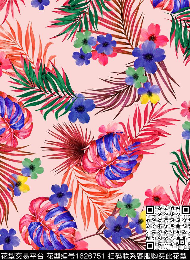 水彩热带花卉数码印花花型下载（图片编号: 1626751） - 瓦栏（Walan）