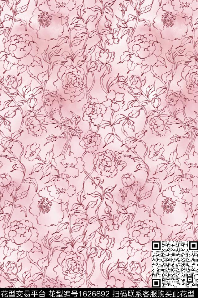 花卉水彩线条花卉数码印花花型下载（图片编号: 1626892） - 瓦栏（Walan）