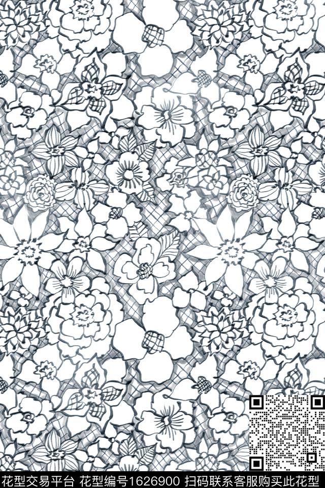 花卉黑白花型线条花卉数码印花花型下载（图片编号: 1626900） - 瓦栏（Walan）