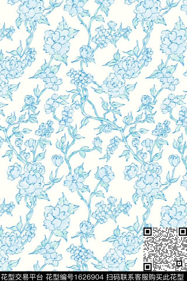 小清新花卉线条花卉数码印花花型下载（图片编号: 1626904） - 瓦栏（Walan）