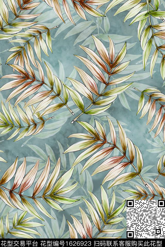 小清新真丝绿植树叶数码印花花型下载（图片编号: 1626923） - 瓦栏（Walan）