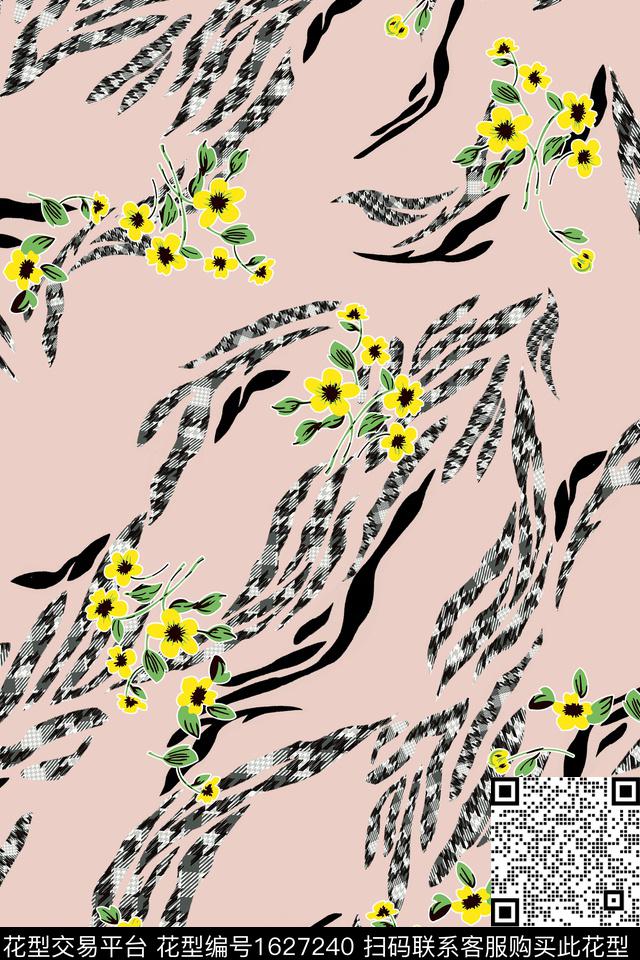 花卉千鸟格条纹数码印花花型下载（图片编号: 1627240） - 瓦栏（Walan）