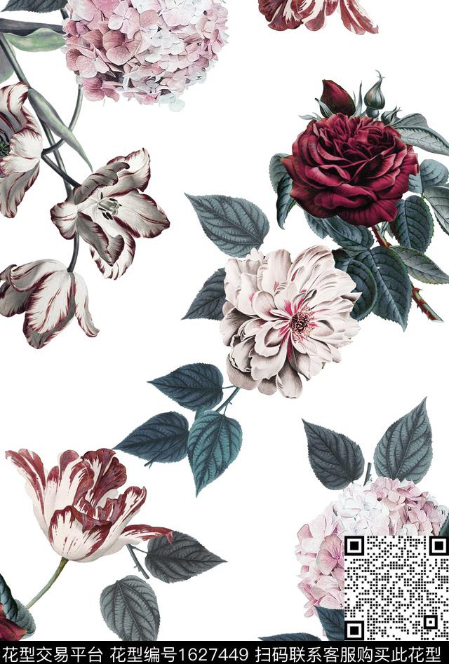 绣球花复古郁金香数码印花花型下载（图片编号: 1627449） - 瓦栏（Walan）