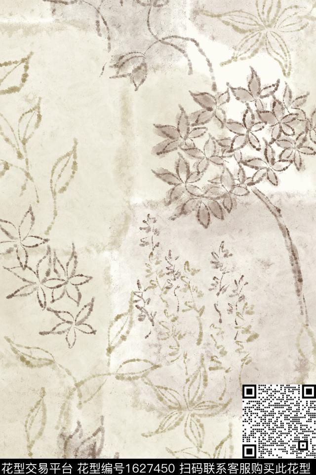 侘寂花卉绿植树叶数码印花花型下载（图片编号: 1627450） - 瓦栏（Walan）