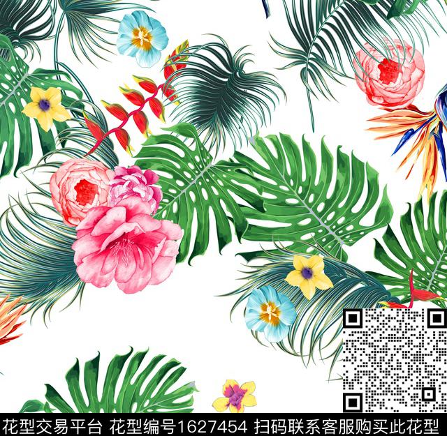 热带龟背竹棕榈叶数码印花花型下载（图片编号: 1627454） - 瓦栏（Walan）