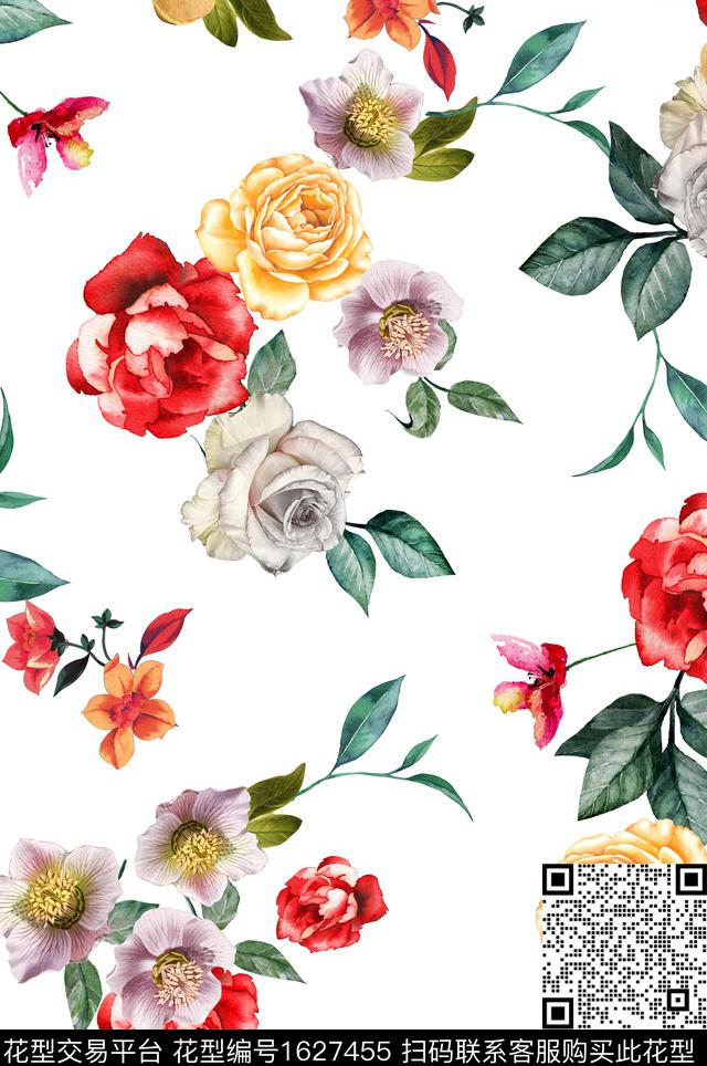 花卉水彩花卉白底花数码印花花型下载（图片编号: 1627455） - 瓦栏（Walan）