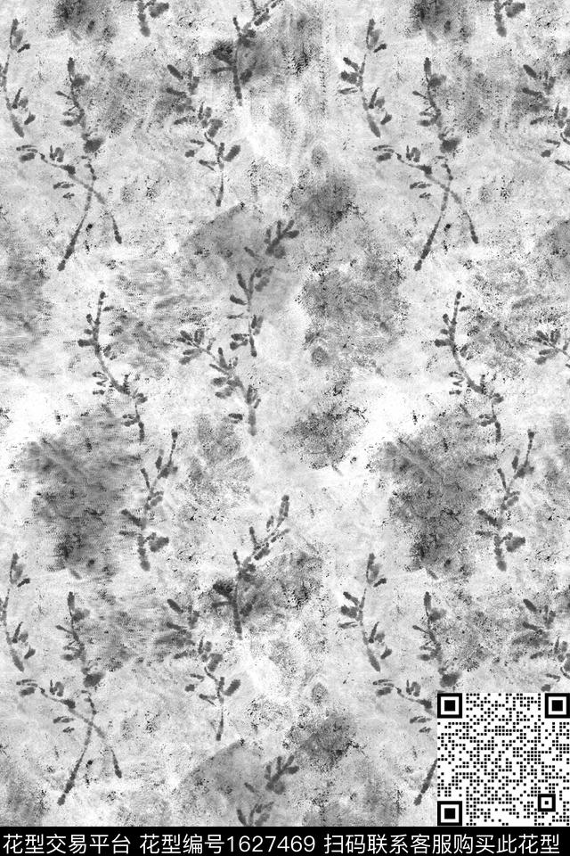 侘寂花卉黑白花型数码印花花型下载（图片编号: 1627469） - 瓦栏（Walan）