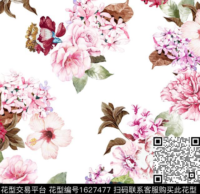 水彩花卉花卉白底花数码印花花型下载（图片编号: 1627477） - 瓦栏（Walan）