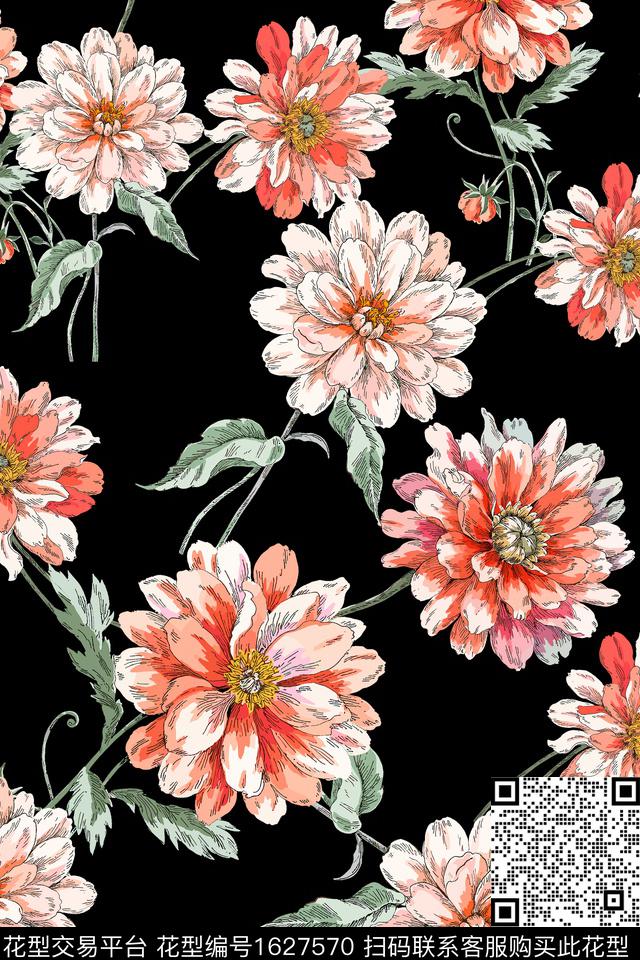 大花黑底花卉花卉数码印花花型下载（图片编号: 1627570） - 瓦栏（Walan）